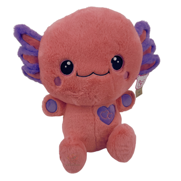 Pinkes Axolotl Plüschtier ca. 35 cm mit flauschigen Kiemen und Herz-Detail – sitzendes Kuscheltier als süße Deko oder Geschenkidee.